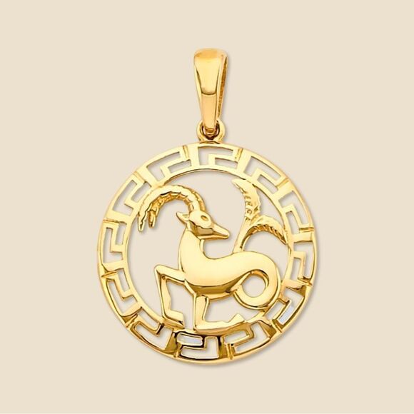 14K Solid Gold Round Capricorn Zodiac Sign Charm | Elegant Astrology Pendant | - Picture 1 of 13
